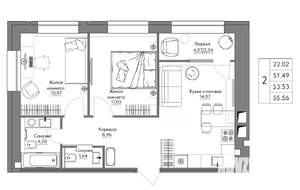 2-к квартира, строящийся дом, 56м2, 4/9 этаж