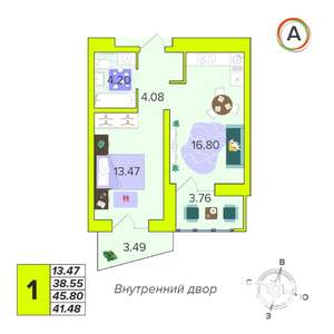 1-к квартира, вторичка, 41м2, 10/16 этаж