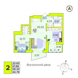 2-к квартира, вторичка, 55м2, 7/16 этаж