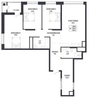 3-к квартира, вторичка, 109м2, 19/22 этаж