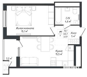 1-к квартира, вторичка, 42м2, 15/18 этаж