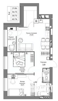 2-к квартира, строящийся дом, 61м2, 4/9 этаж