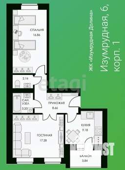 2-к квартира, вторичка, 59м2, 1/3 этаж
