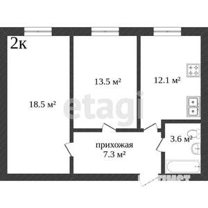2-к квартира, вторичка, 55м2, 3/3 этаж