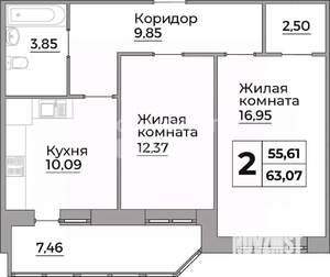 2-к квартира, вторичка, 55м2, 2/12 этаж