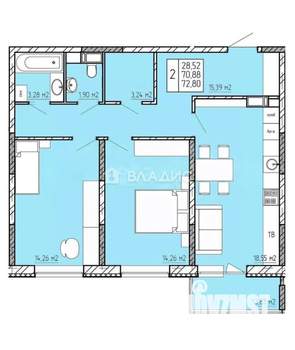 2-к квартира, вторичка, 72м2, 3/22 этаж