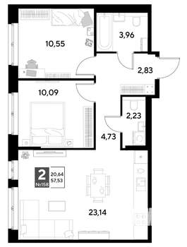 2-к квартира, строящийся дом, 58м2, 21/25 этаж