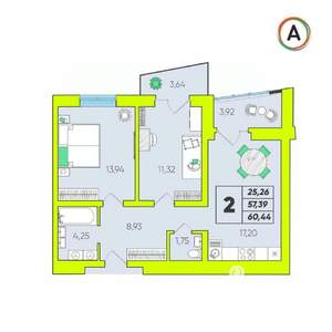 2-к квартира, вторичка, 60м2, 6/16 этаж