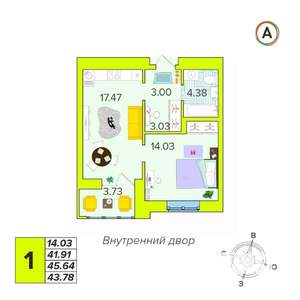 1-к квартира, вторичка, 44м2, 10/16 этаж