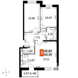 3-к квартира, вторичка, 60м2, 19/19 этаж