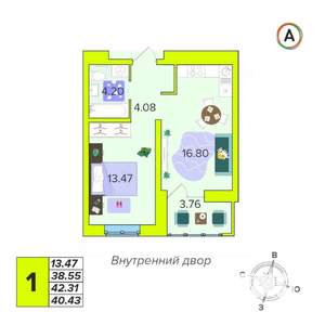 1-к квартира, вторичка, 40м2, 12/16 этаж