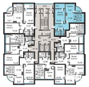 2-к квартира, строящийся дом, 66м2, 8/19 этаж
