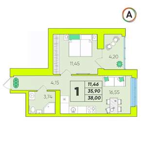 1-к квартира, вторичка, 38м2, 7/16 этаж