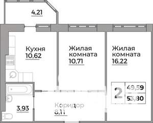 2-к квартира, строящийся дом, 50м2, 2/12 этаж