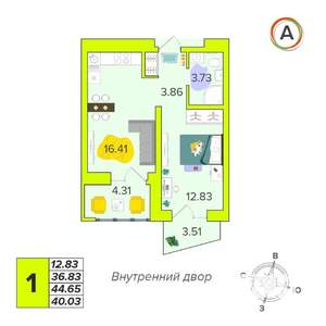 1-к квартира, вторичка, 40м2, 12/16 этаж