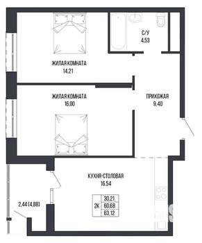 2-к квартира, вторичка, 63м2, 4/22 этаж