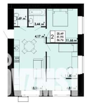 2-к квартира, строящийся дом, 54м2, 4/6 этаж
