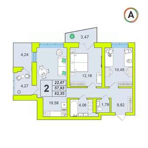 2-к квартира, вторичка, 62м2, 13/16 этаж