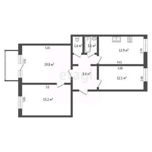 3-к квартира, вторичка, 73м2, 2/2 этаж