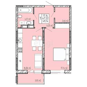 1-к квартира, вторичка, 49м2, 15/22 этаж