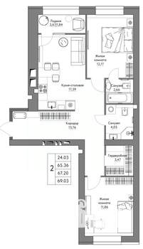 2-к квартира, строящийся дом, 69м2, 9/9 этаж
