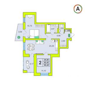 2-к квартира, вторичка, 66м2, 6/16 этаж