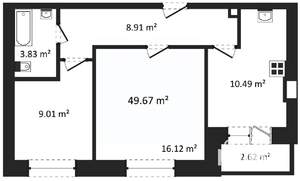 2-к квартира, вторичка, 50м2, 3/3 этаж