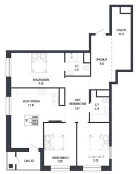 3-к квартира, вторичка, 103м2, 15/22 этаж