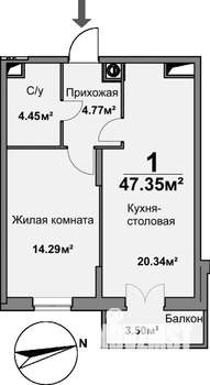 1-к квартира, вторичка, 47м2, 4/8 этаж