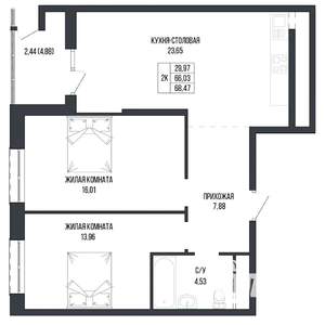 2-к квартира, вторичка, 68м2, 20/22 этаж