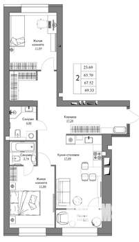 2-к квартира, строящийся дом, 69м2, 9/9 этаж
