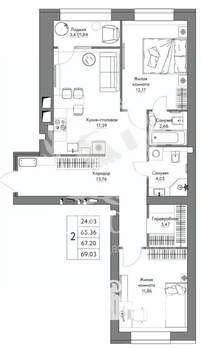 2-к квартира, вторичка, 69м2, 6/9 этаж
